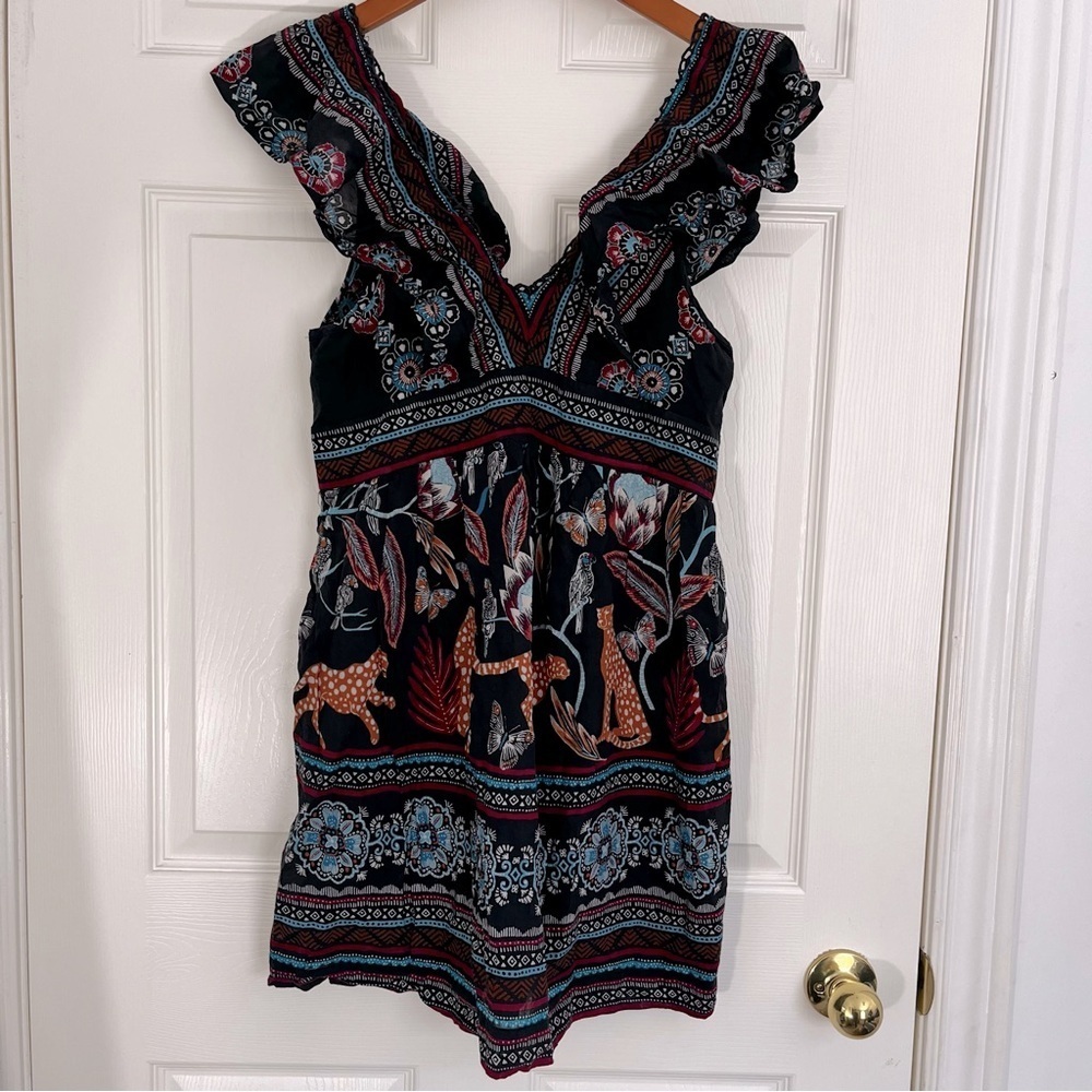 Anthropologie Animal Floral Print Plunge V-neck Mini Dress Ruffles Size XS